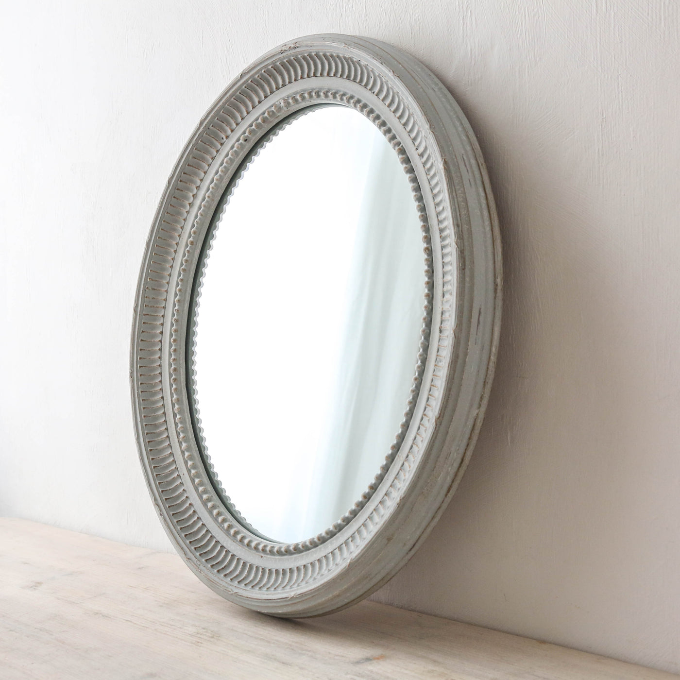 Oval Carved Mirror in Soft Grey