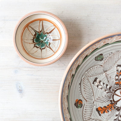 10cm Horezu Stoneware Mini Serving Bowl - Cream, Turquoise & Orange