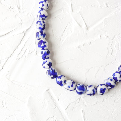 Recycled Glass Beads - 14mm Blue & White Patterned