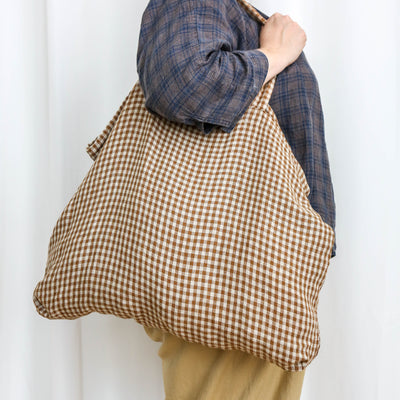 Washed Linen Sloppy Shoulder Bag - Gold Check