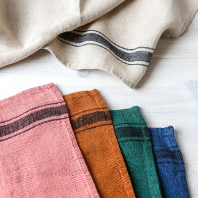 Washed Linen Stripe Tea Towel - Rose