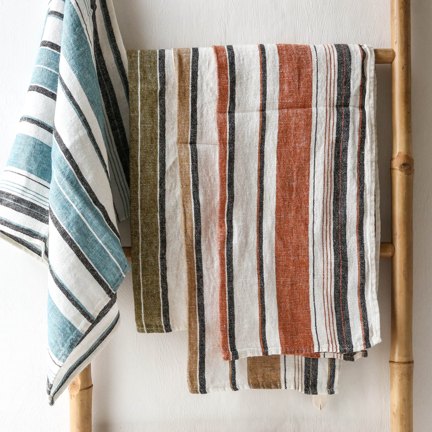 Washed Linen White Stripe Tea Towel - Aqua