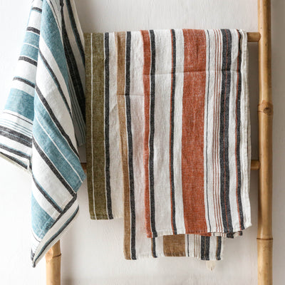 Washed Linen White Stripe Tea Towel - Aqua