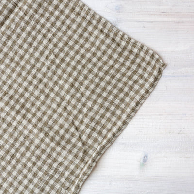 Washed Linen Natural Check Tea Towel - Khaki