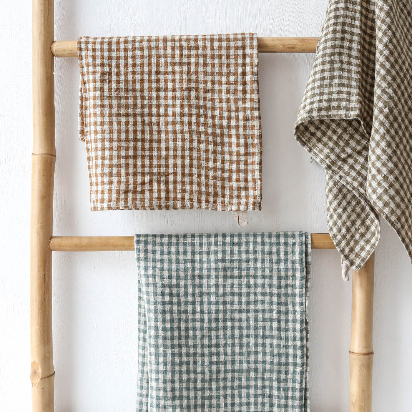 Washed Linen Natural Check Tea Towel - Khaki