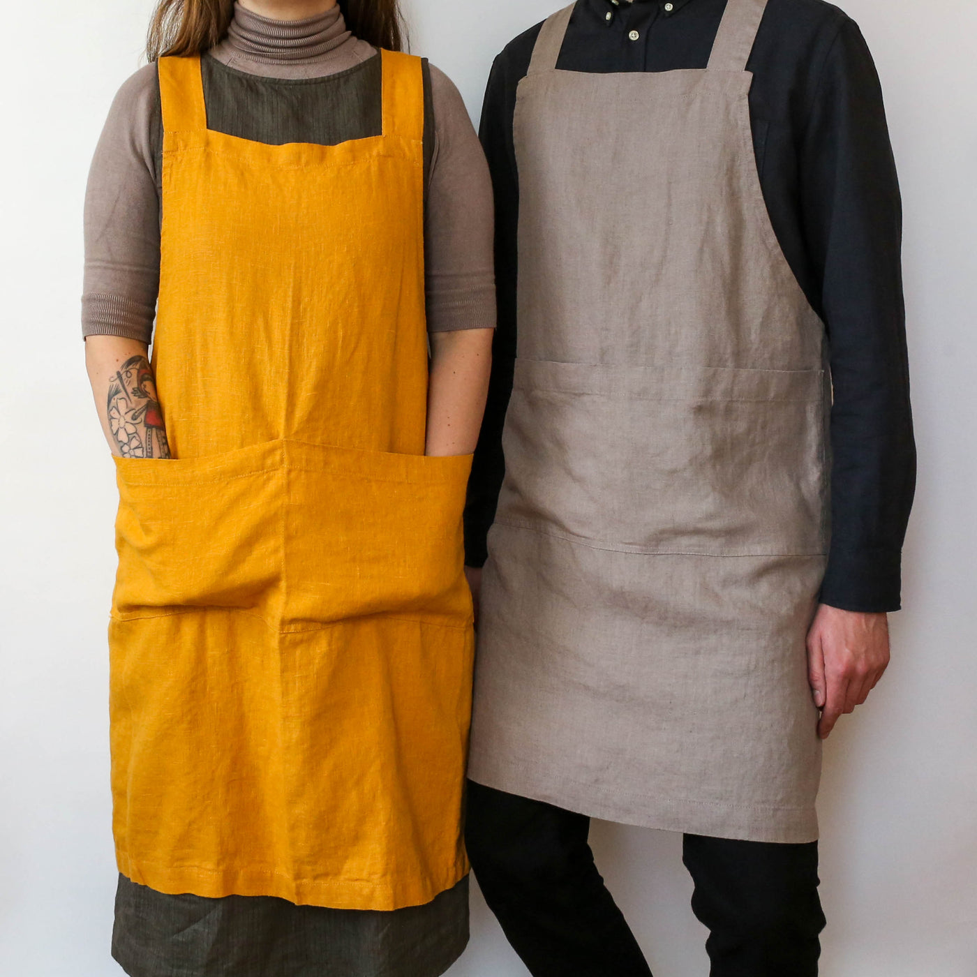 Washed Linen Japanese Style Crossback Apron - Mustard
