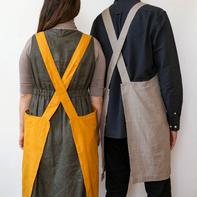 Washed Linen Japanese Style Crossback Apron - Mustard