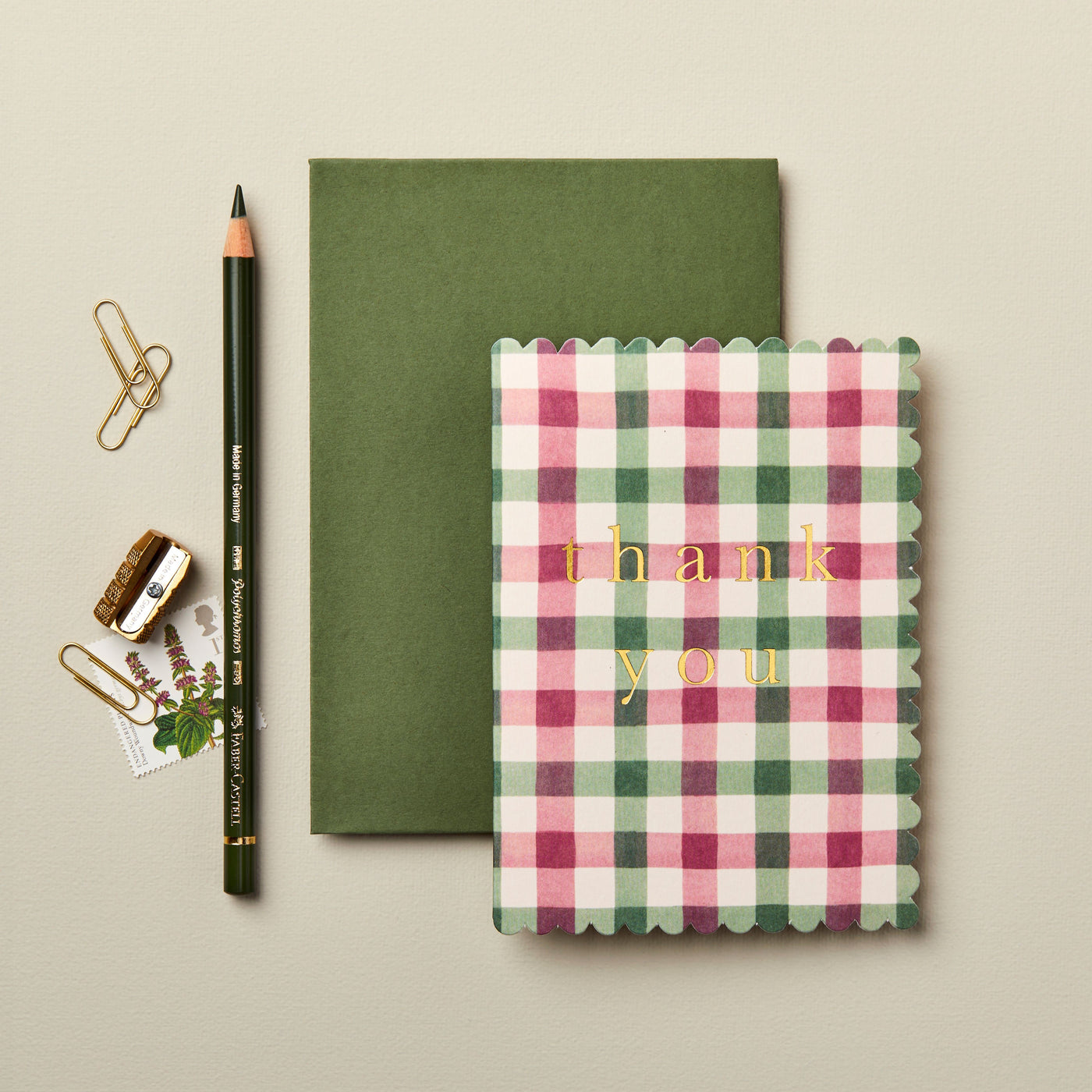 Pink & Green Gingham 'Thank You' Greetings Card