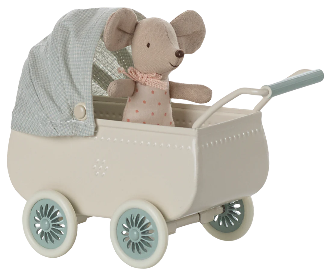 Maileg Pram with Baby Mouse - Mint