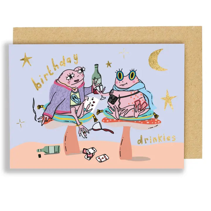 Birthday card with cartoon characters enjoying a night out, featuring text 'birthday' and 'drinkies'.