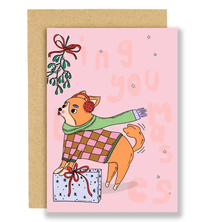 Stylish Dogs Kissing Under Mistletoe Christmas Card