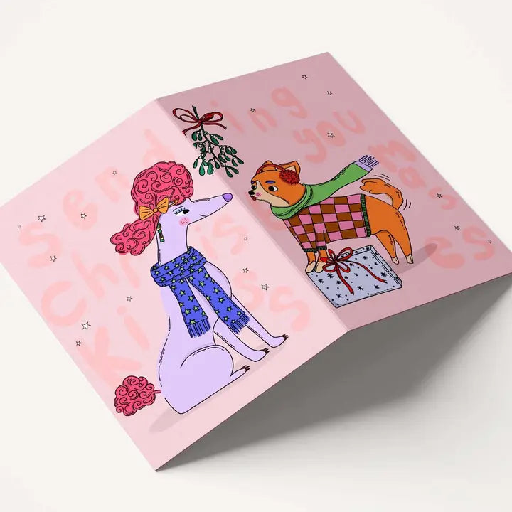 Stylish Dogs Kissing Under Mistletoe Christmas Card