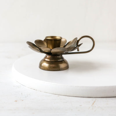 Flower Chamberstick Candle Holder - Antique Brass