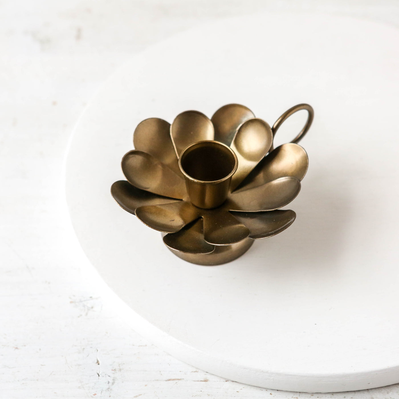 Flower Chamberstick Candle Holder - Antique Brass