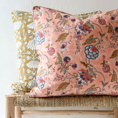 Hydrangea Block Printed Cushion Cover - Peach 50cm