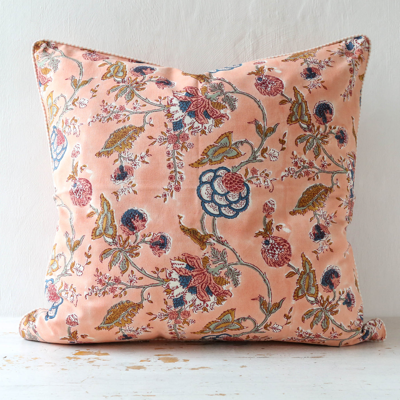 Hydrangea Block Printed Cushion Cover - Peach 50cm