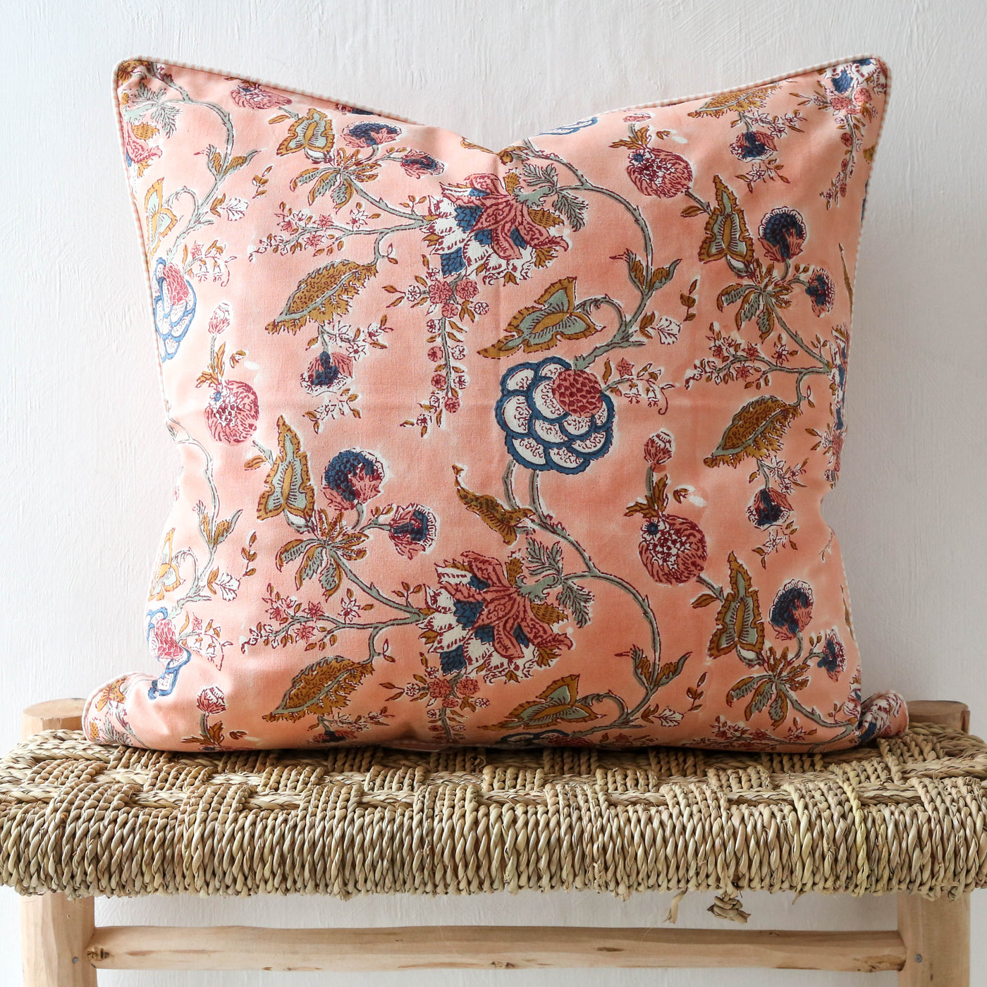 Hydrangea Block Printed Cushion Cover - Peach 50cm