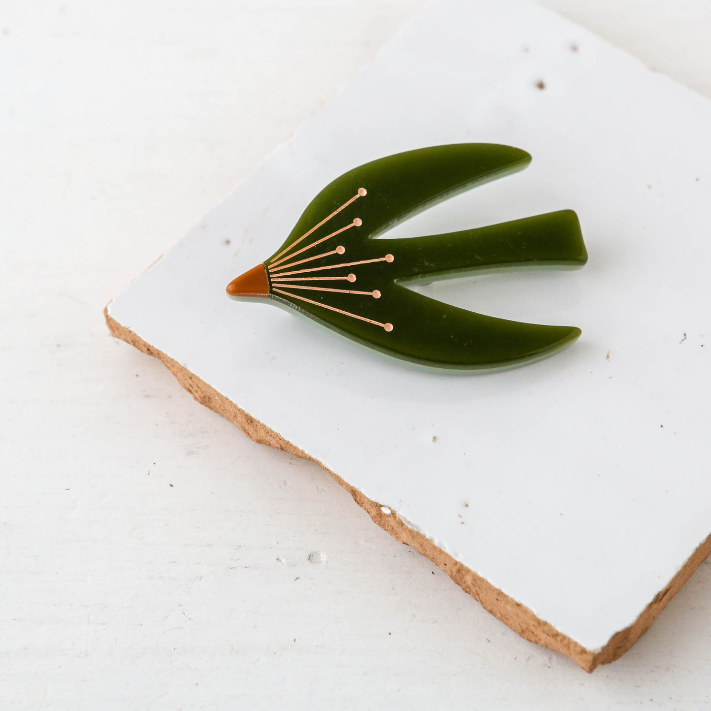 Abstract House Martin Bird Resin Brooch in Olive
