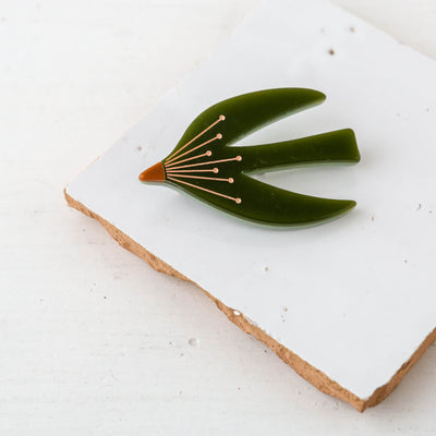 Abstract House Martin Bird Resin Brooch in Olive