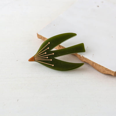 Abstract House Martin Bird Resin Brooch in Olive