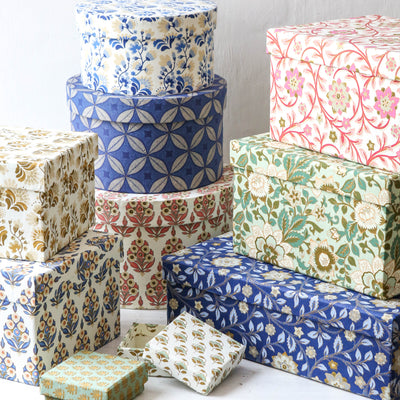Round Covered Storage Box in Arrah Indigo - Medium