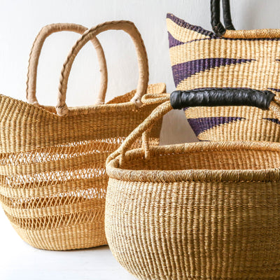 Round Bolga Basket with Leather Handle