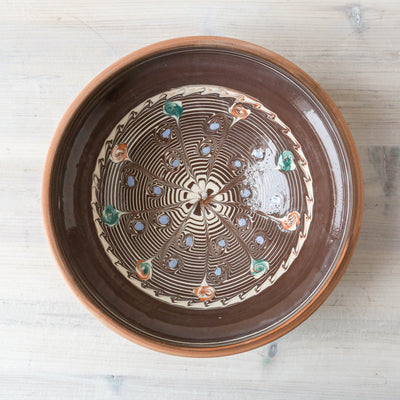 24cm Horezu Stoneware Serving Bowl - Turquoise & Orange