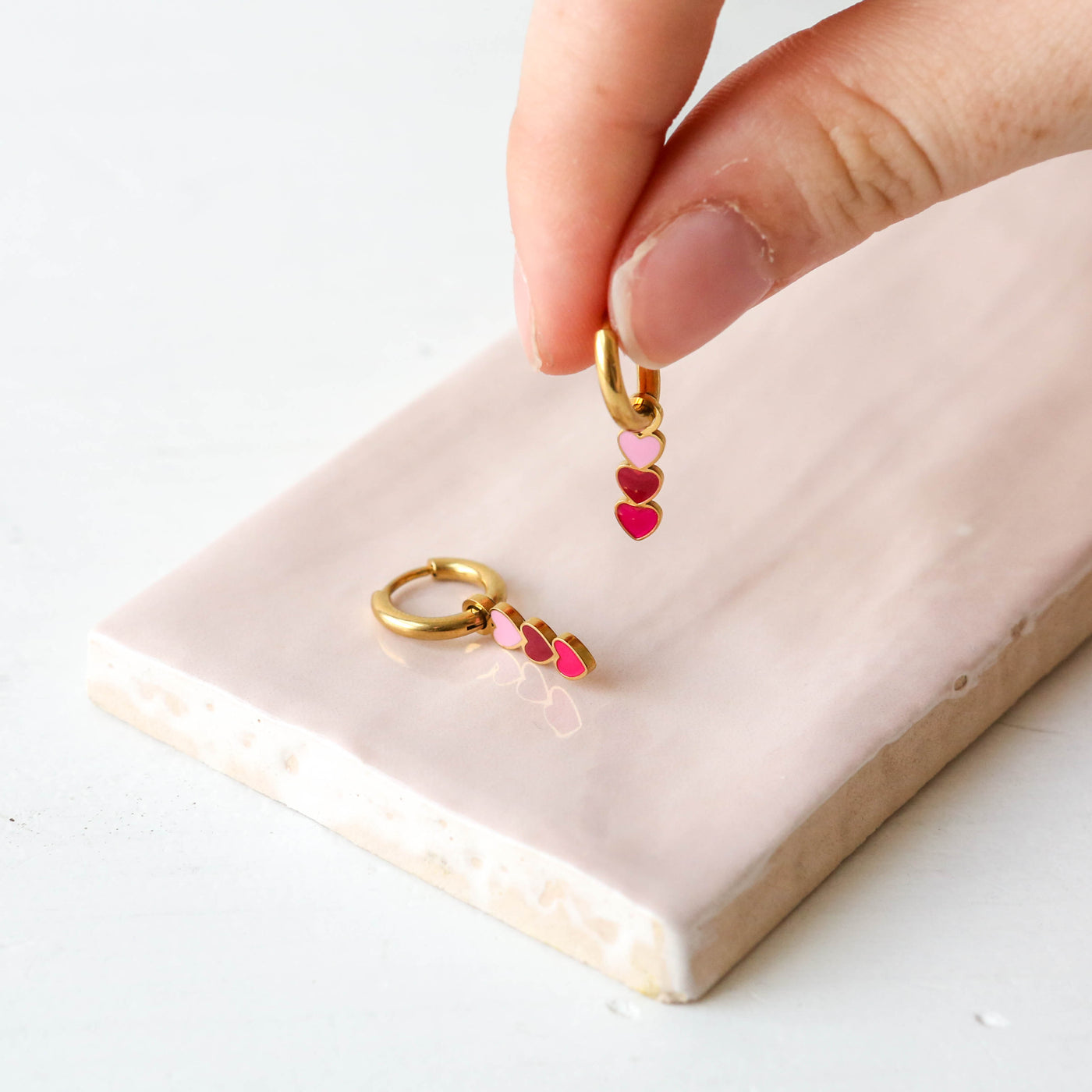 Enamel Charm Hoop Earrings - 3 Pink Hearts