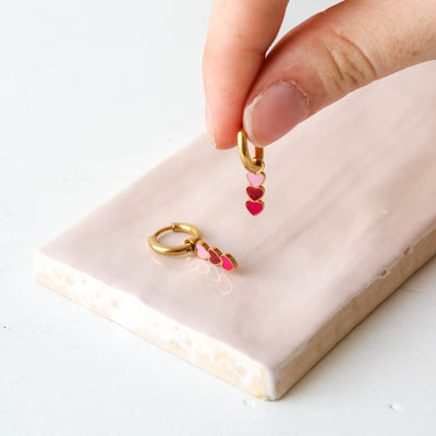 Enamel Charm Hoop Earrings - 3 Pink Hearts