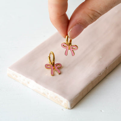 Enamel Charm Hoop Earrings - Pink Bows