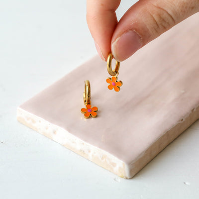 Enamel Charm Hoop Earrings - Orange Flower