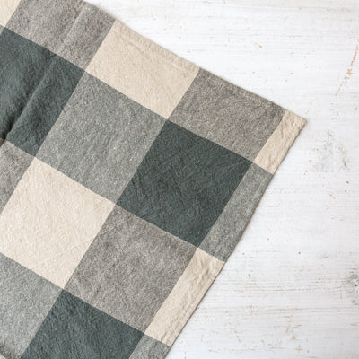 Washed Linen Bold Check Tea Towel - Pigeon