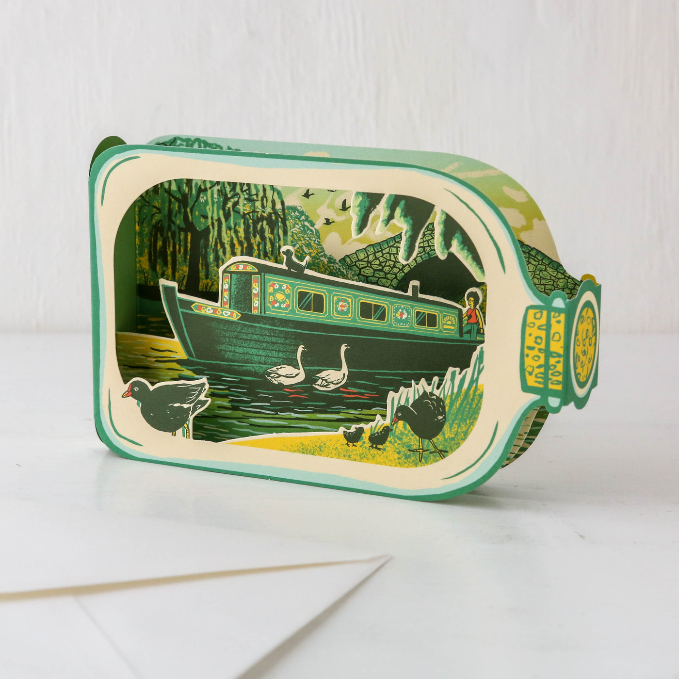 Canal Boat in a Bottle Die-Cut 3D Greetings Card