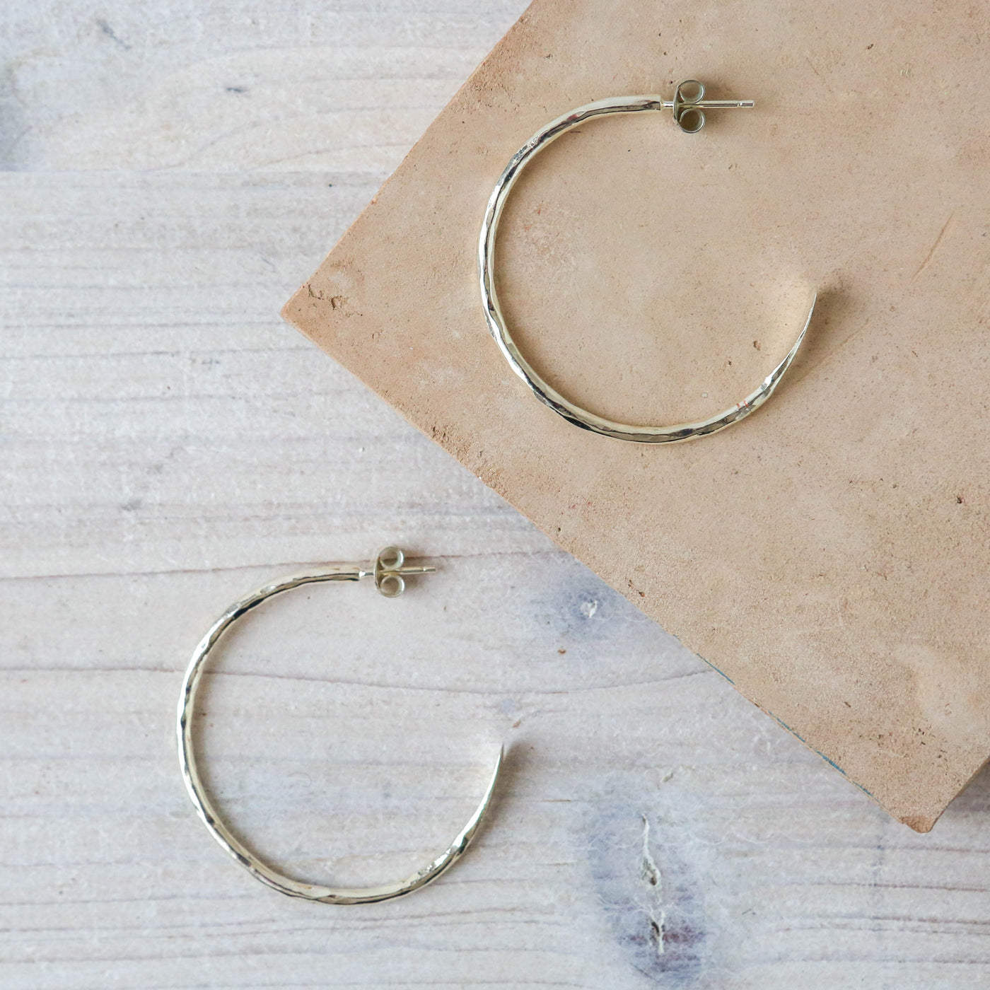 Large Textured Brass Hoops - Silver Plated