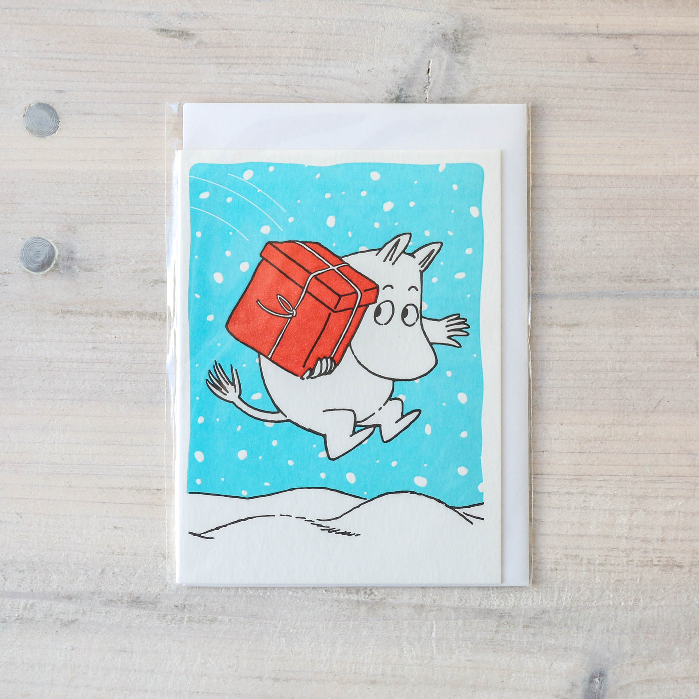 Moomin Jumping with Christmas Present Letterpress Card