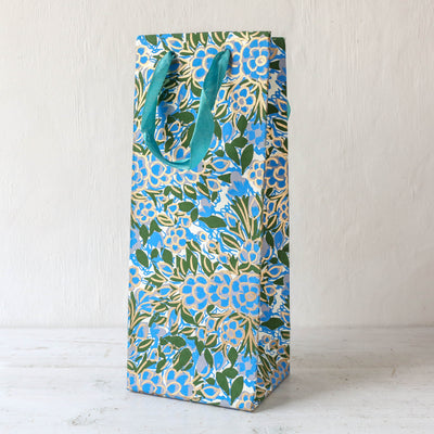 Cotton Paper Bottle Bag  - Turquoise and Green Floral