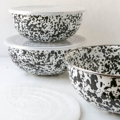 Set of Three Splatter Enamel Bowls with Lids