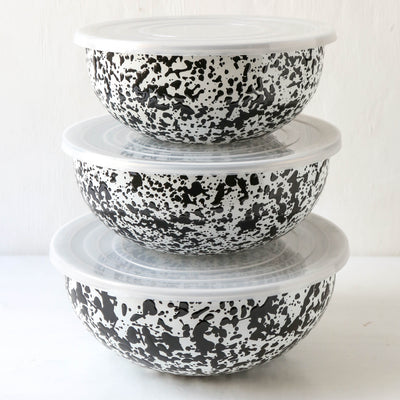Set of Three Splatter Enamel Bowls with Lids