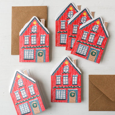 Festive Red Cottage Mini Cards - Box of 6