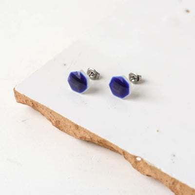 Glazed Heptagon Tile Stud Earrings - Lapis