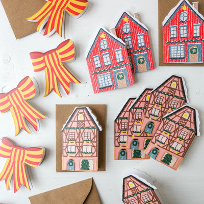 Festive Red Cottage Mini Cards - Box of 6