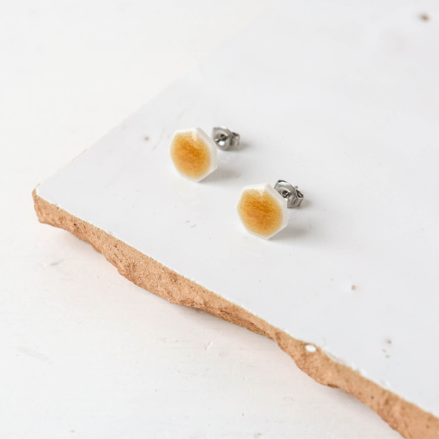 Glazed Heptagon Tile Stud Earrings - Amber