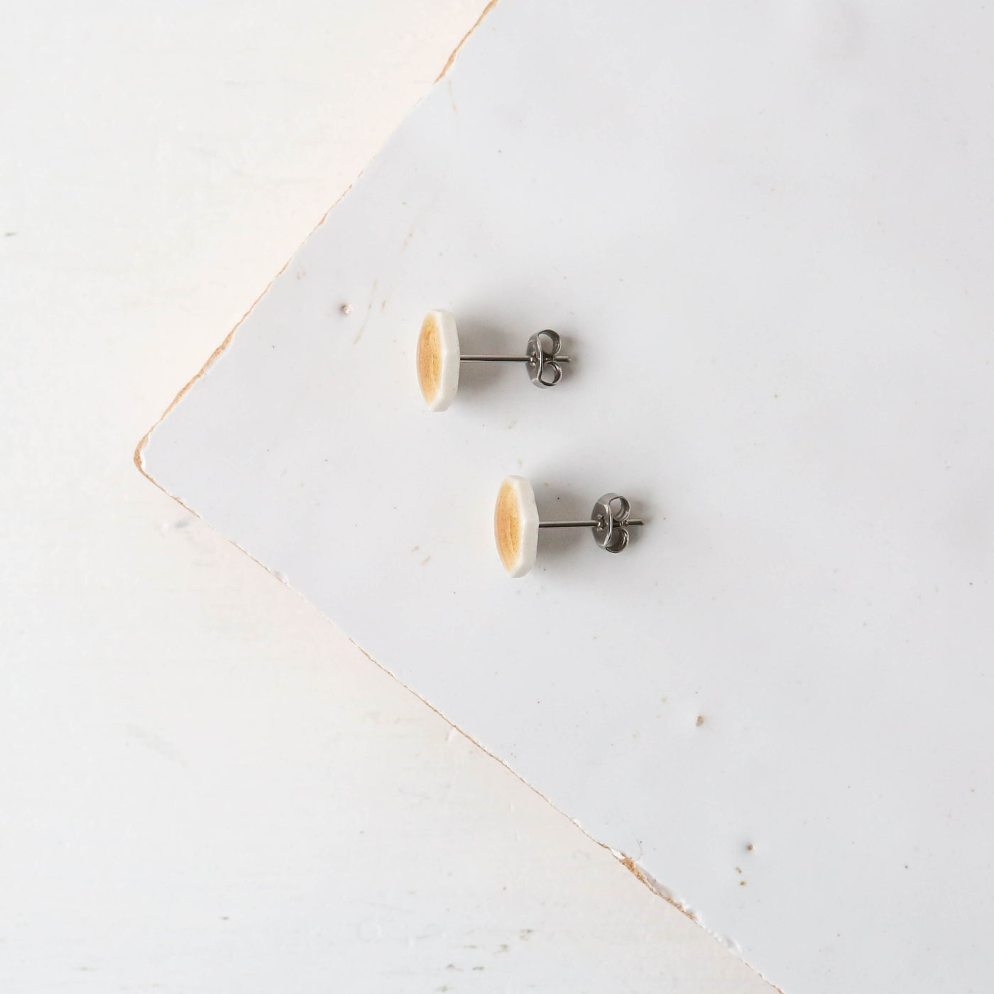 Glazed Heptagon Tile Stud Earrings - Amber