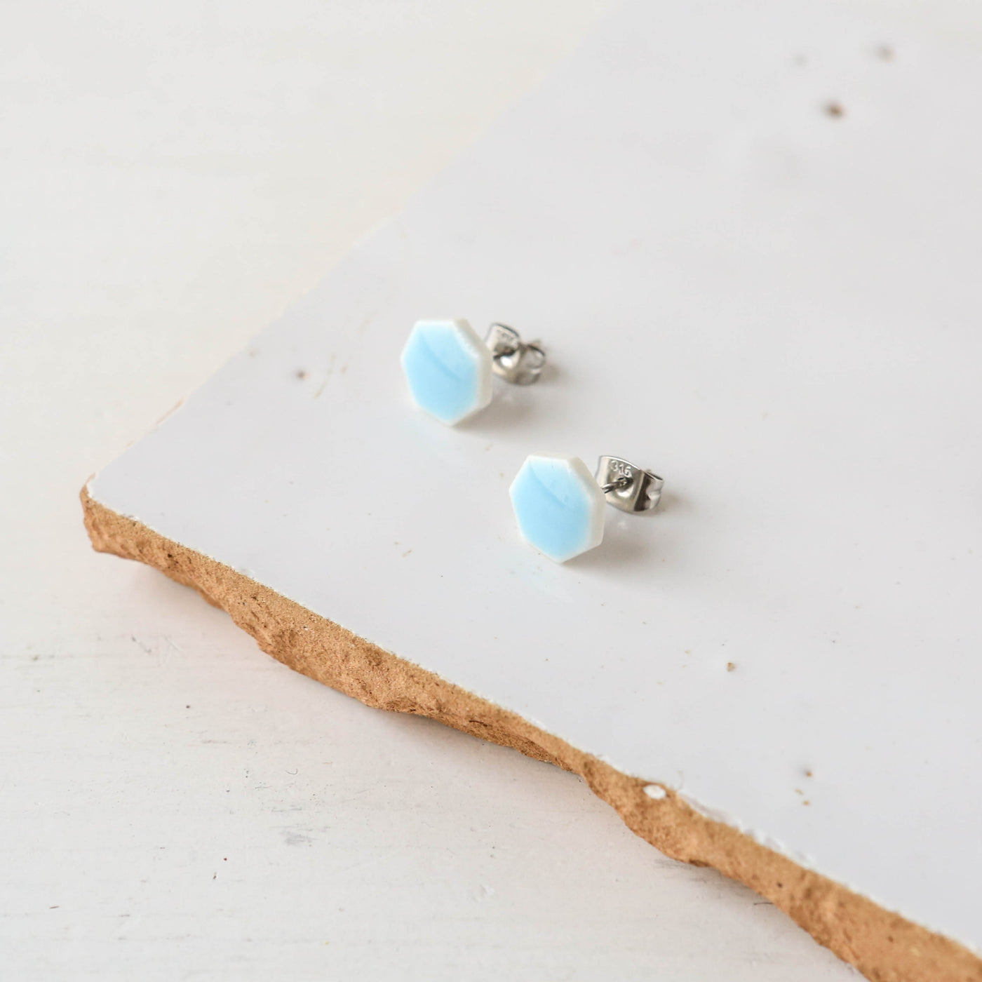 Glazed Heptagon Tile Stud Earrings - Sky