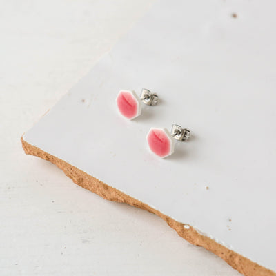 Glazed Heptagon Tile Stud Earrings - Blush Clover