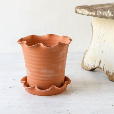 Small Frilly Plant Pot & Saucer - Terracotta