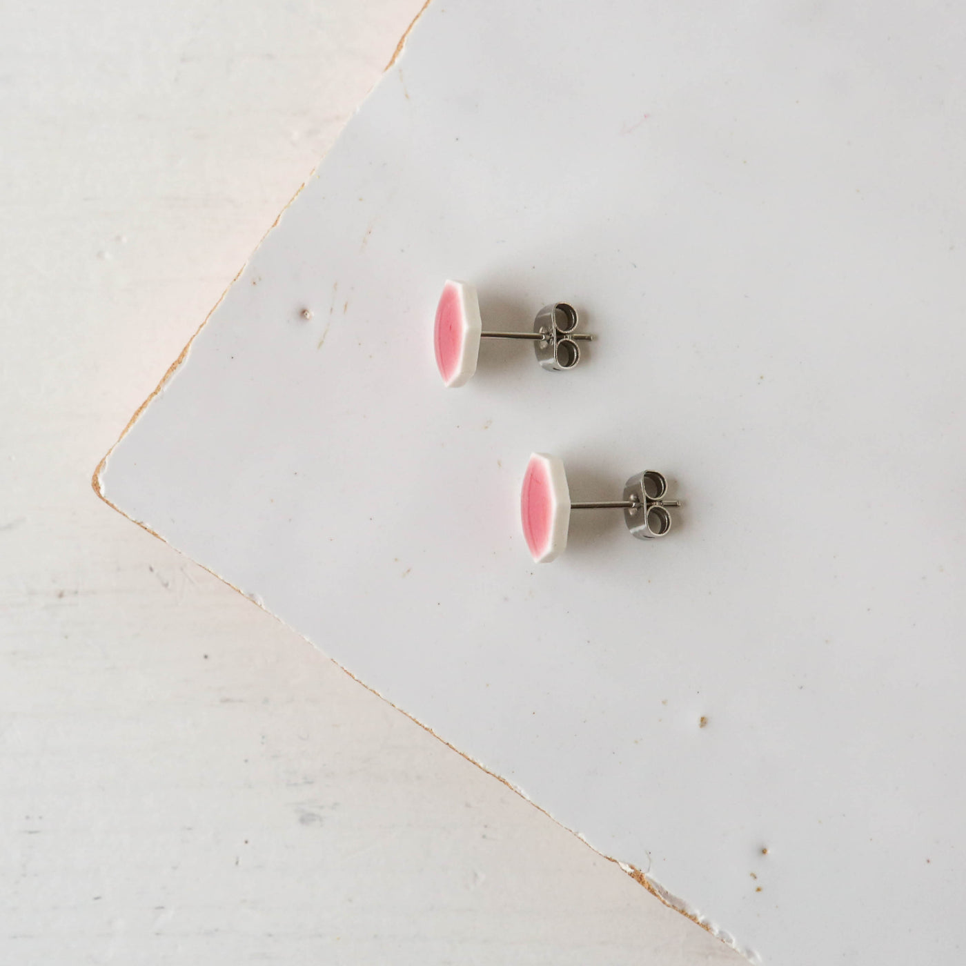 Glazed Heptagon Tile Stud Earrings - Blush Clover