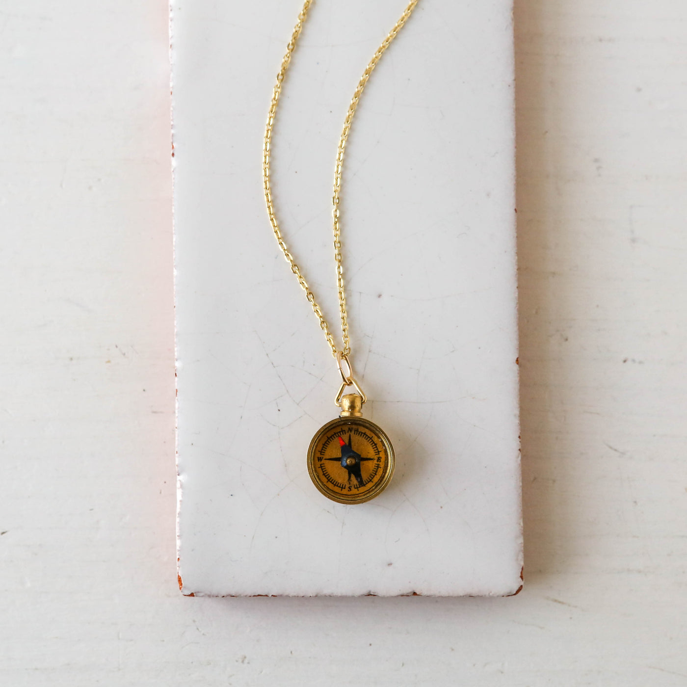 Tiny Brass Compass Charm Necklace - Gold
