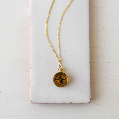 Tiny Brass Compass Charm Necklace - Gold