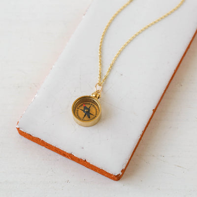 Tiny Brass Compass Charm Necklace - Gold